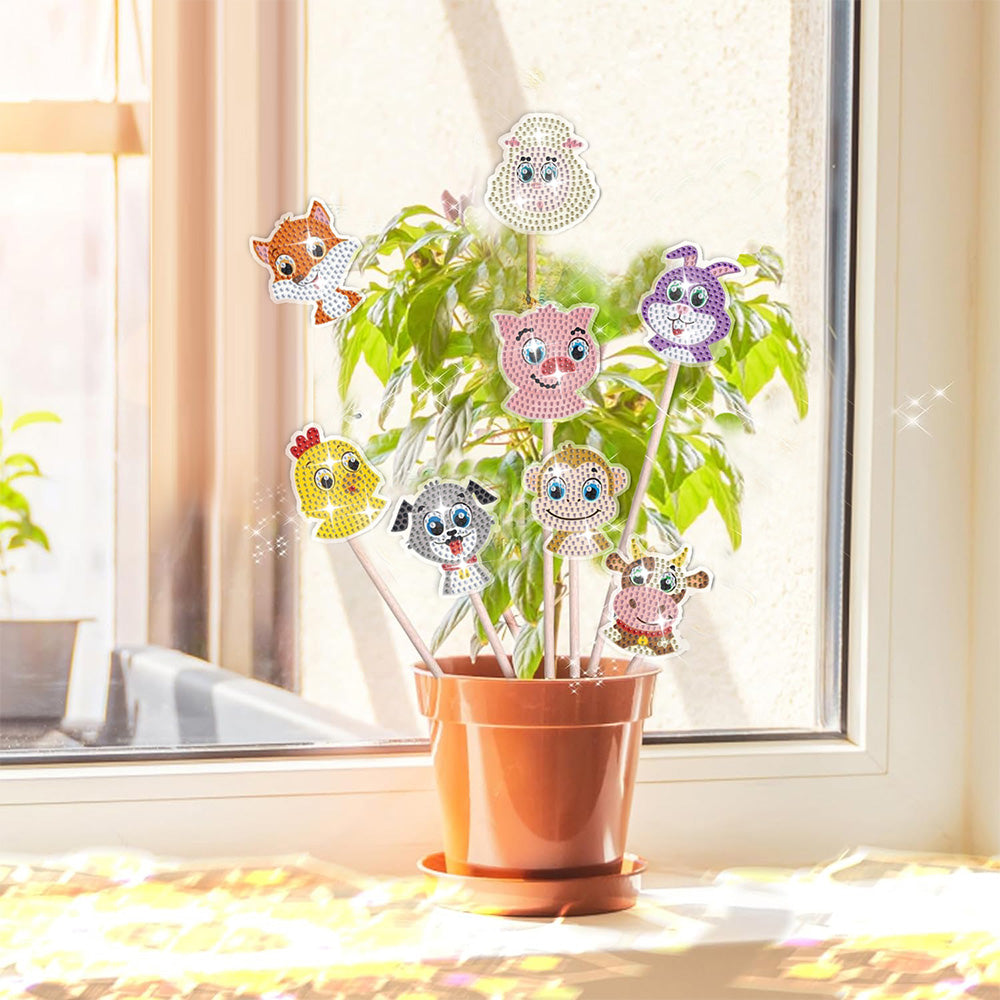 8 Pièces Animaux de Ferme Mignons Broderie Diamant Piquets de Jardin