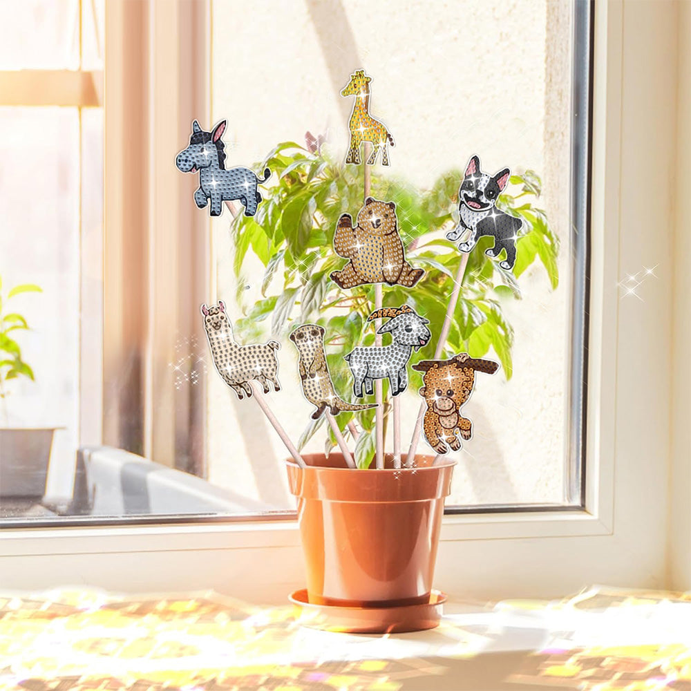 8 Pièces Animaux de Zoo Mignons Broderie Diamant Piquets de Jardin