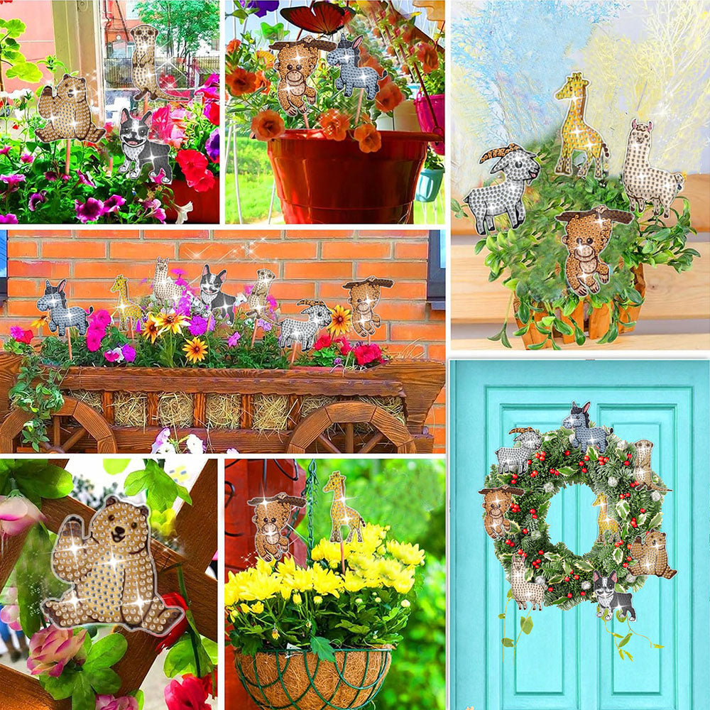 8 Pièces Animaux de Zoo Mignons Broderie Diamant Piquets de Jardin
