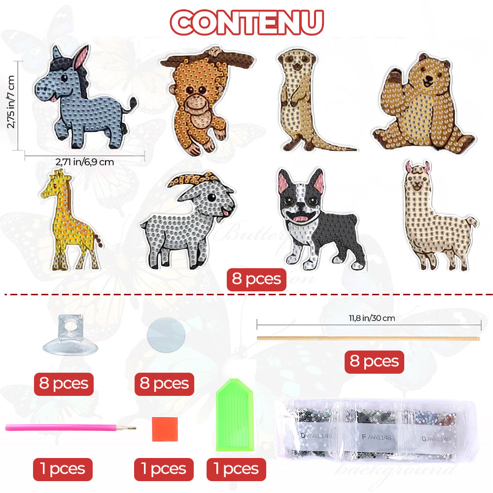 8 Pièces Animaux de Zoo Mignons Broderie Diamant Piquets de Jardin