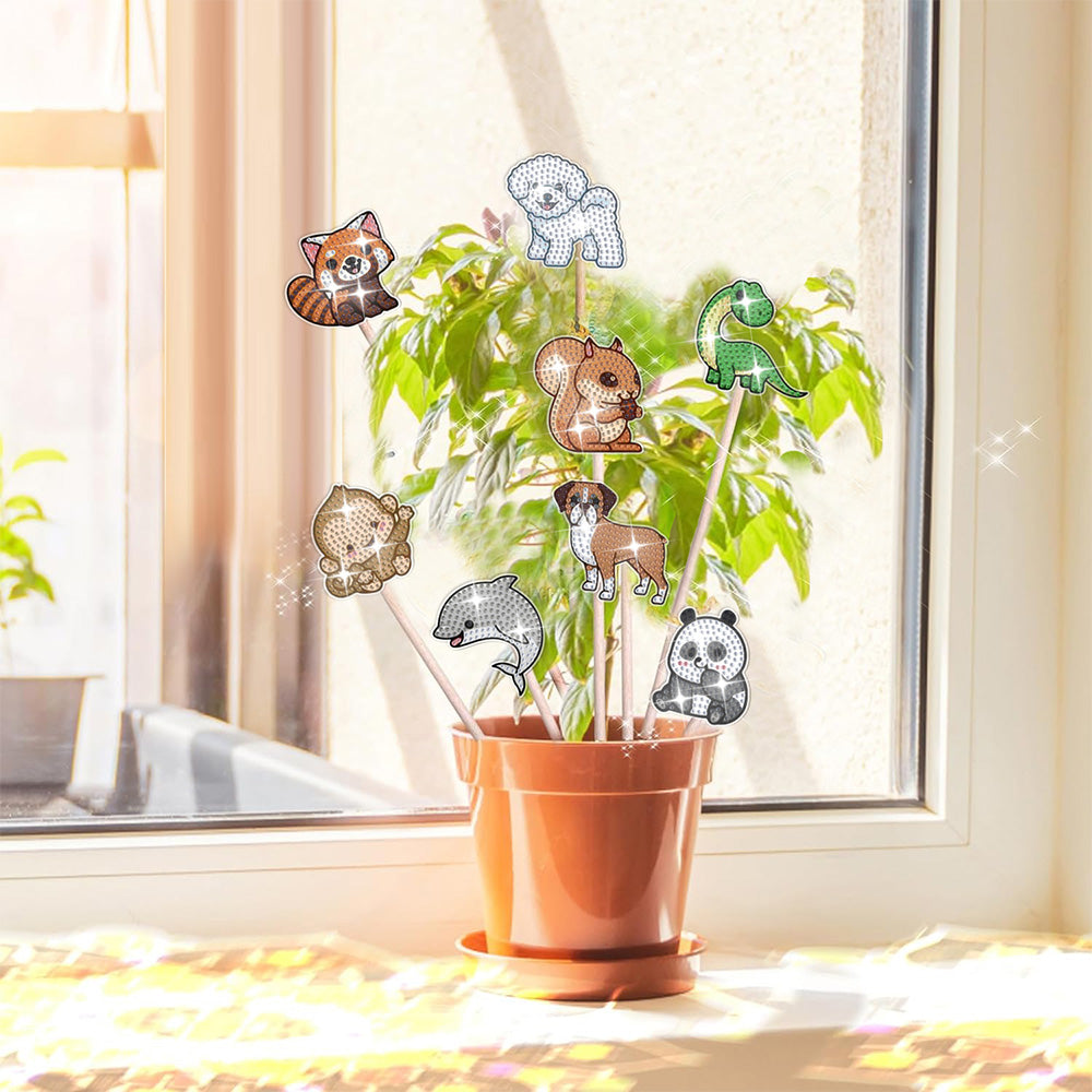 8 Pièces Animaux Heureux Broderie Diamant Piquets de Jardin