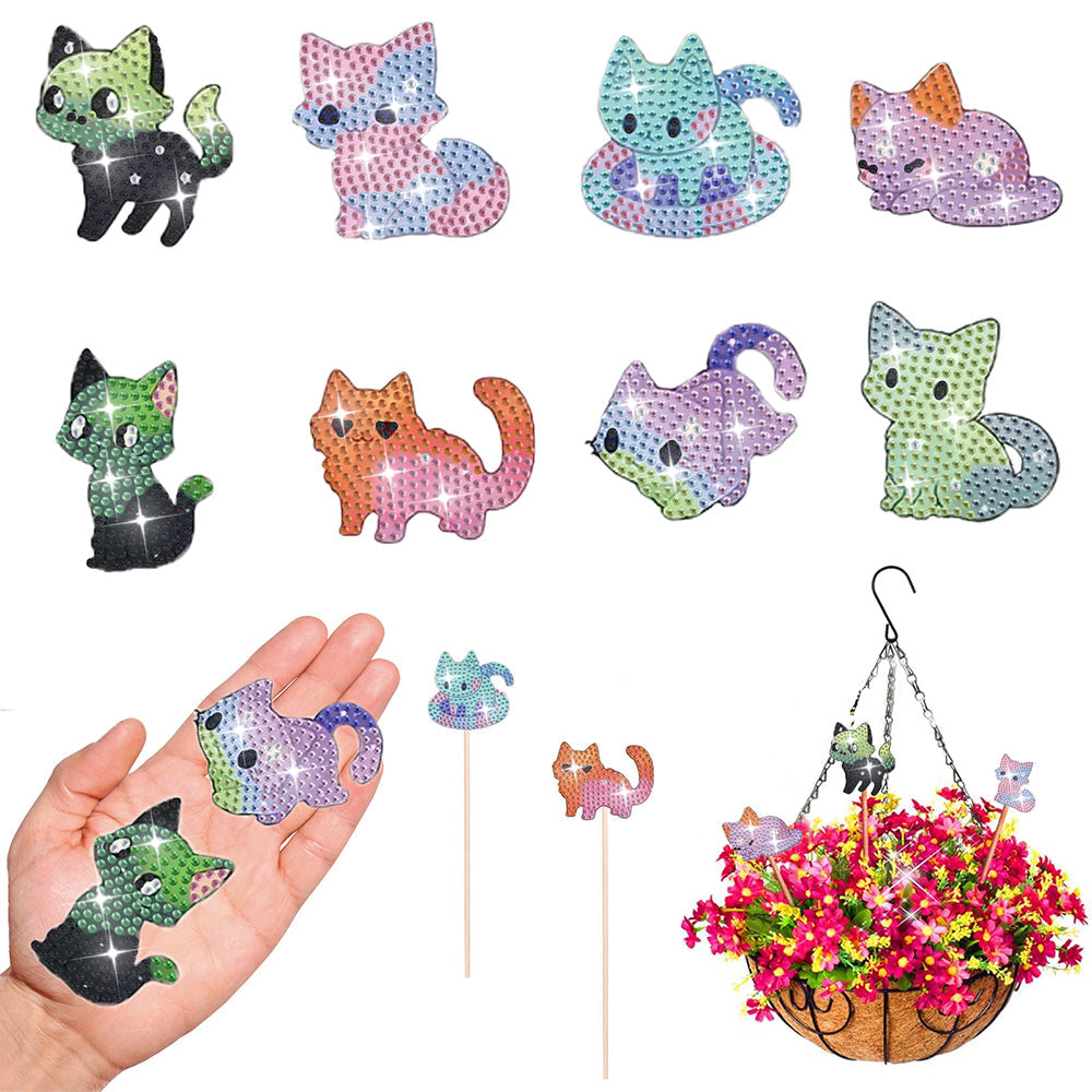 8 Pièces Chats Colorés Broderie Diamant Piquets de Jardin