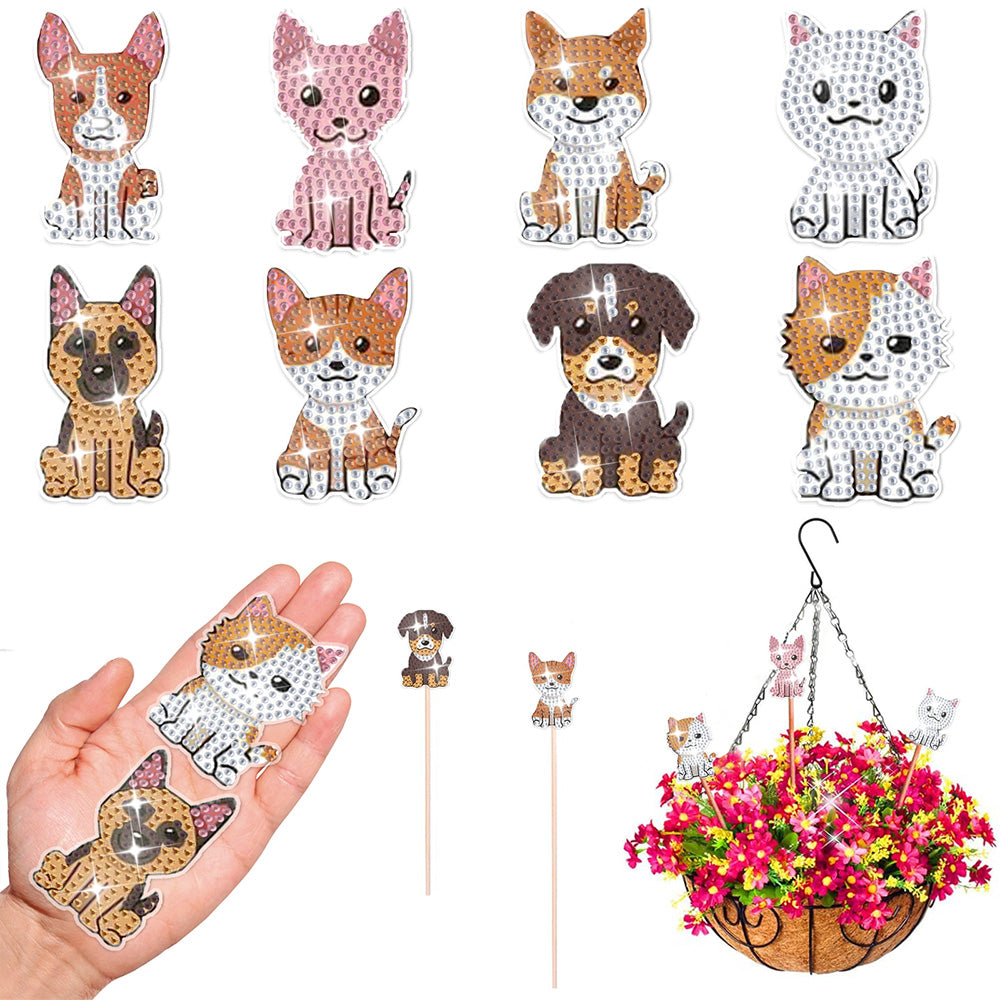 8 Pièces Chats et Chiens Broderie Diamant Piquets de Jardin