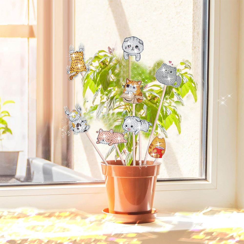 8 Pièces Chats Potelés Broderie Diamant Piquets de Jardin