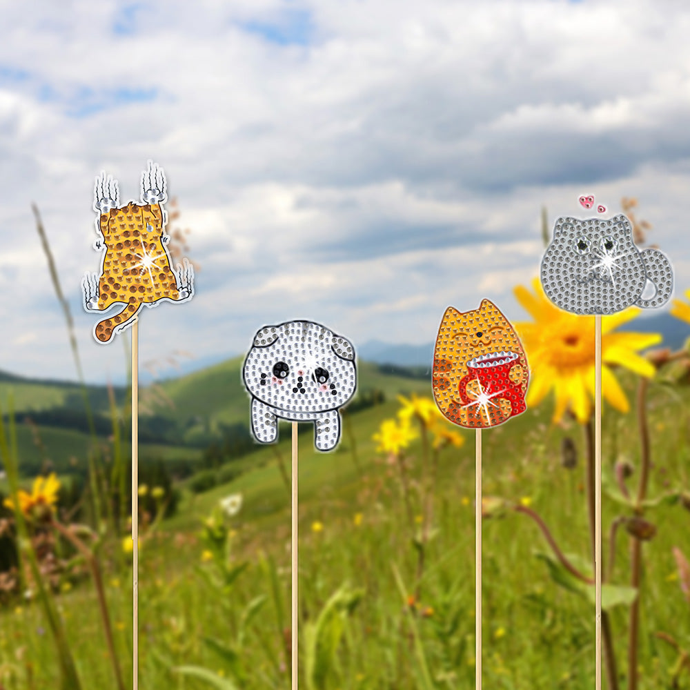 8 Pièces Chats Potelés Broderie Diamant Piquets de Jardin