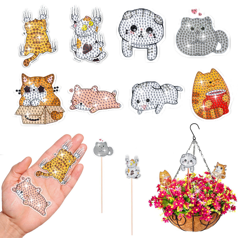 8 Pièces Chats Potelés Broderie Diamant Piquets de Jardin