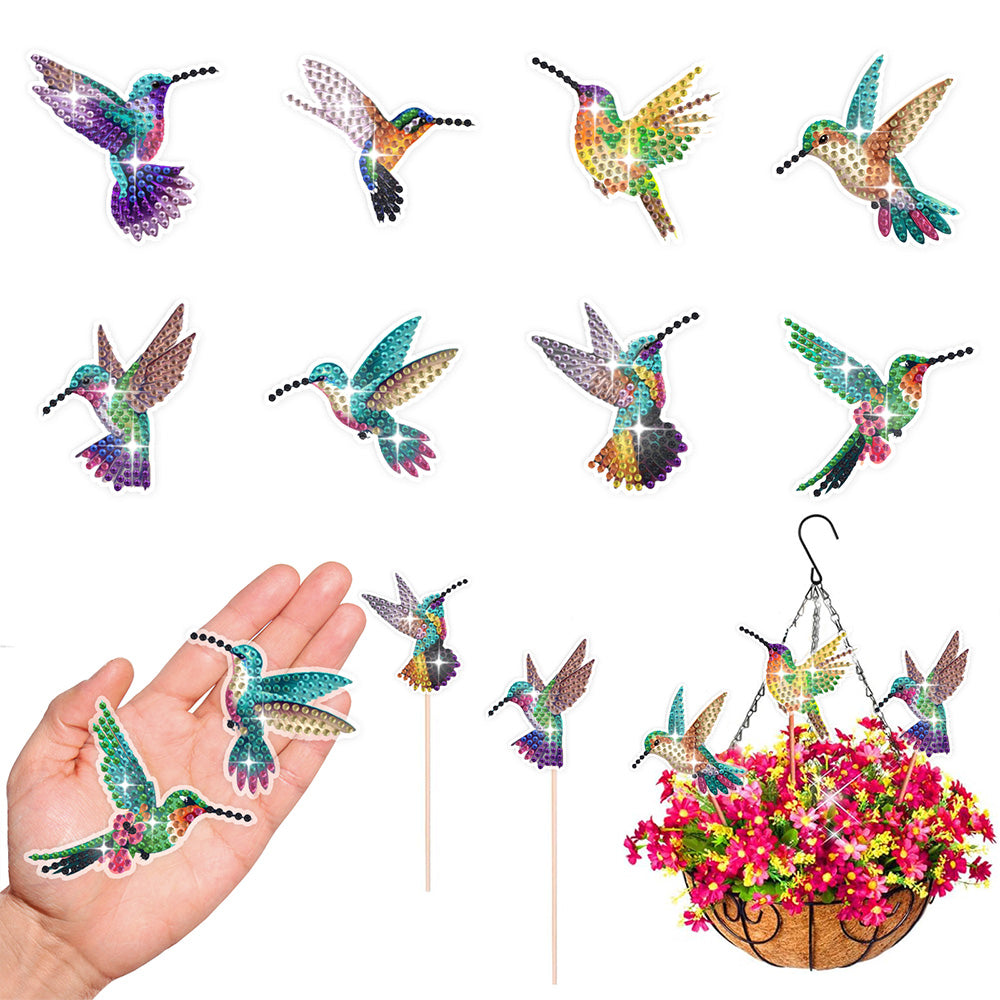 8 Pièces Colibris en Vol Broderie Diamant Piquets de Jardin