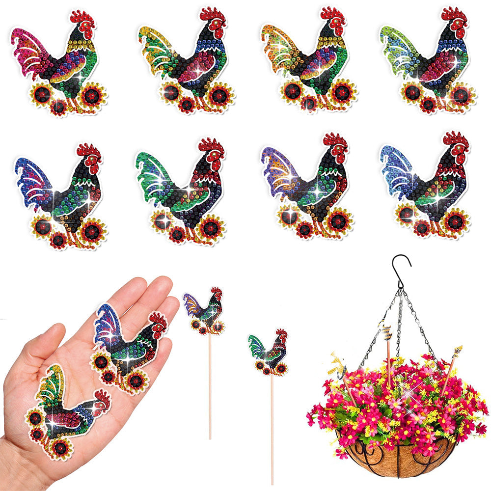 8 Pièces Coq Coloré Broderie Diamant Piquets de Jardin