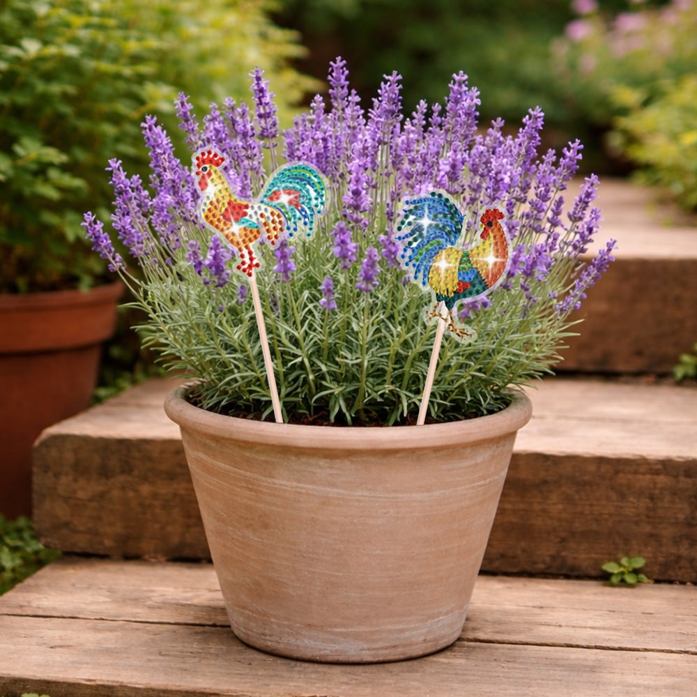 8 Pièces Coq Coloré et Magnifique Broderie Diamant Piquets de Jardin