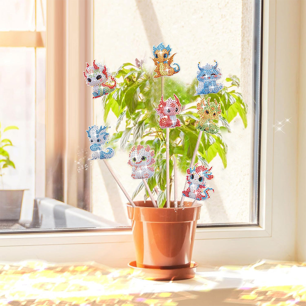 8 Pièces Dragons Cartoon Version Q Broderie Diamant Piquets de Jardin