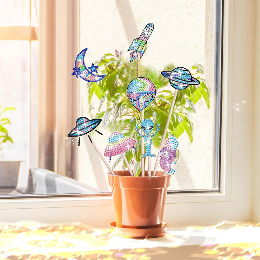 8 Pièces Extraterrestres et OVNI Broderie Diamant Piquets de Jardin