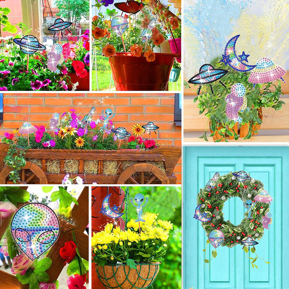 8 Pièces Extraterrestres et OVNI Broderie Diamant Piquets de Jardin