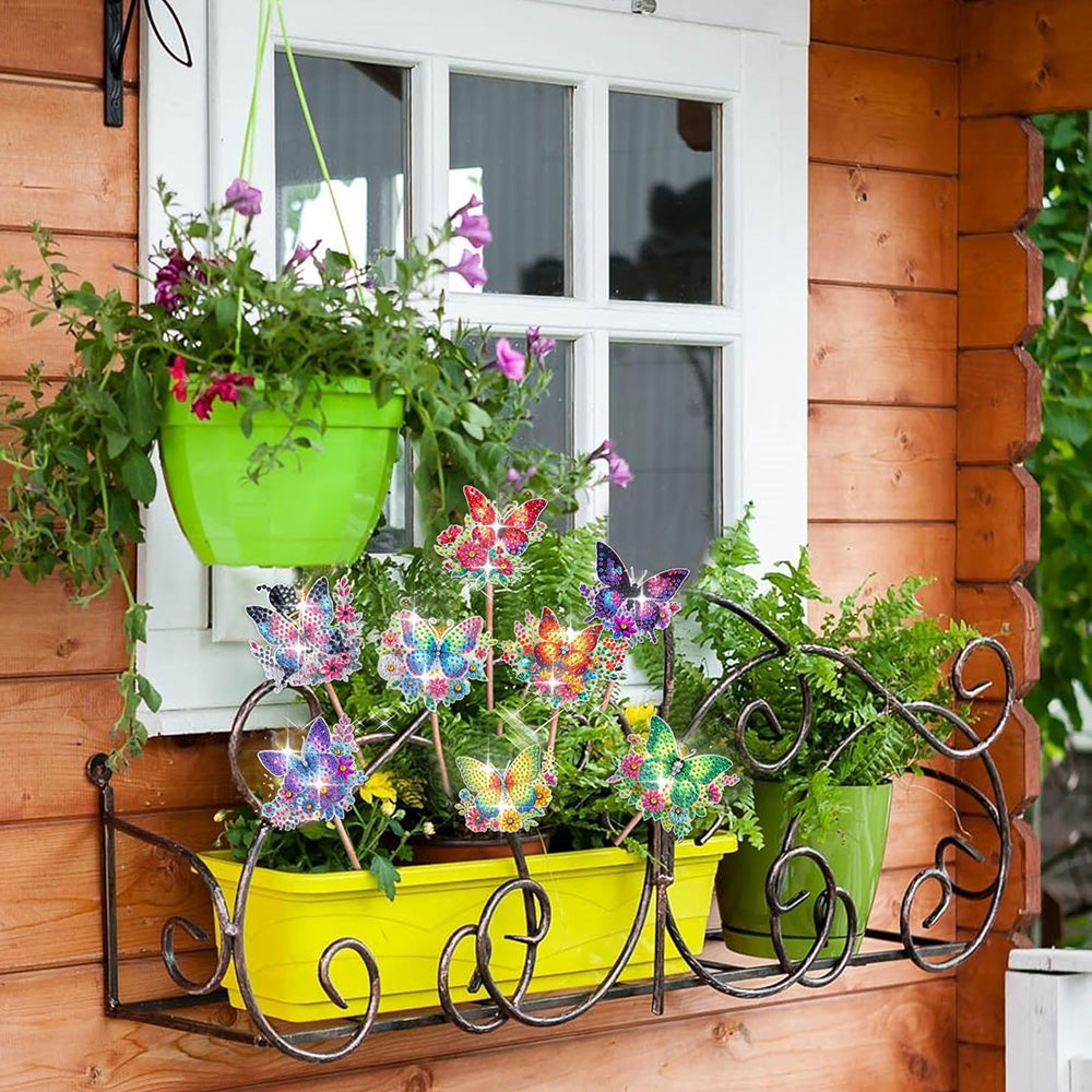 8 Pièces Fleur Papillon Broderie Diamant Piquets de Jardin