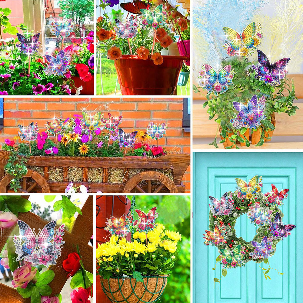 8 Pièces Fleur Papillon Broderie Diamant Piquets de Jardin