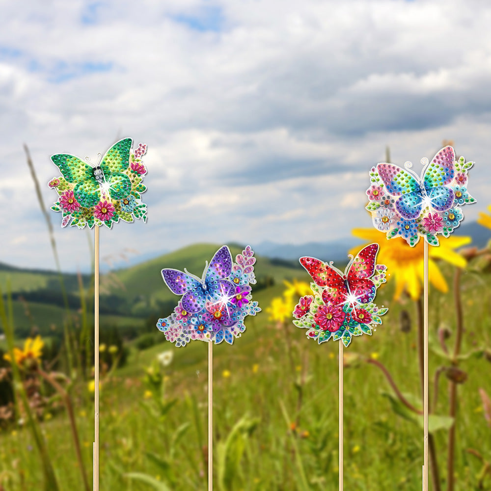 8 Pièces Fleur Papillon Broderie Diamant Piquets de Jardin