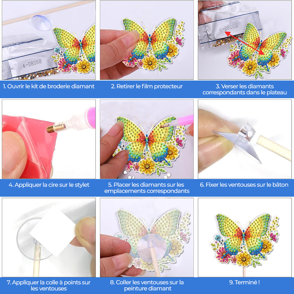 8 Pièces Fleur Papillon Broderie Diamant Piquets de Jardin