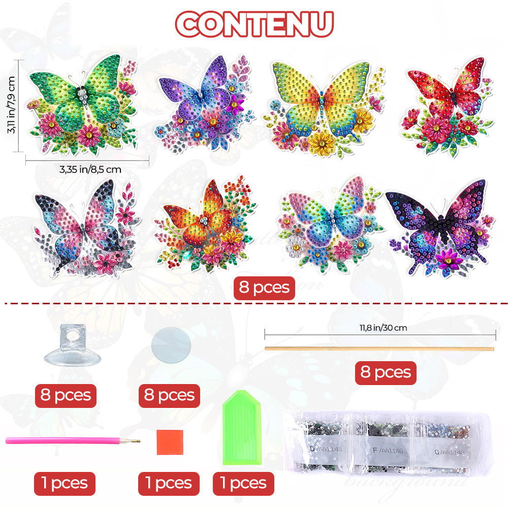 8 Pièces Fleur Papillon Broderie Diamant Piquets de Jardin