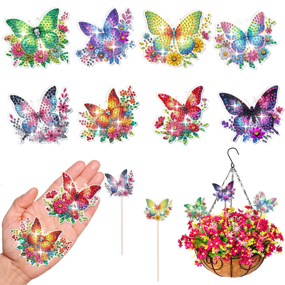 8 Pièces Fleur Papillon Broderie Diamant Piquets de Jardin