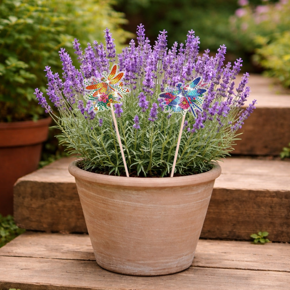 8 Pièces Libellules et Fleurs Colorées Broderie Diamant Piquets de Jardin