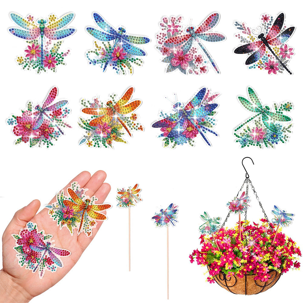 8 Pièces Libellules et Fleurs Colorées Broderie Diamant Piquets de Jardin