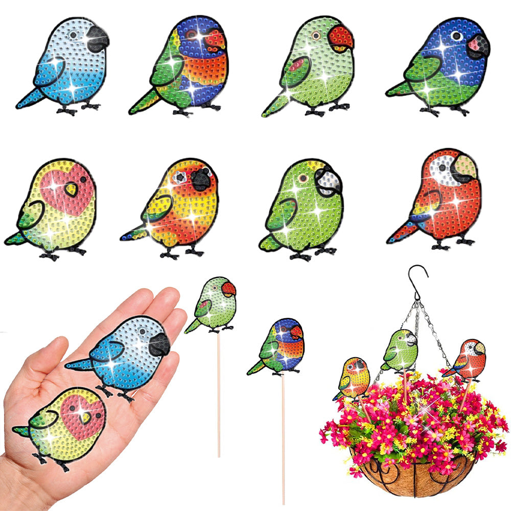 8 Pièces Perroquets Colorés Potelés Broderie Diamant Piquets de Jardin