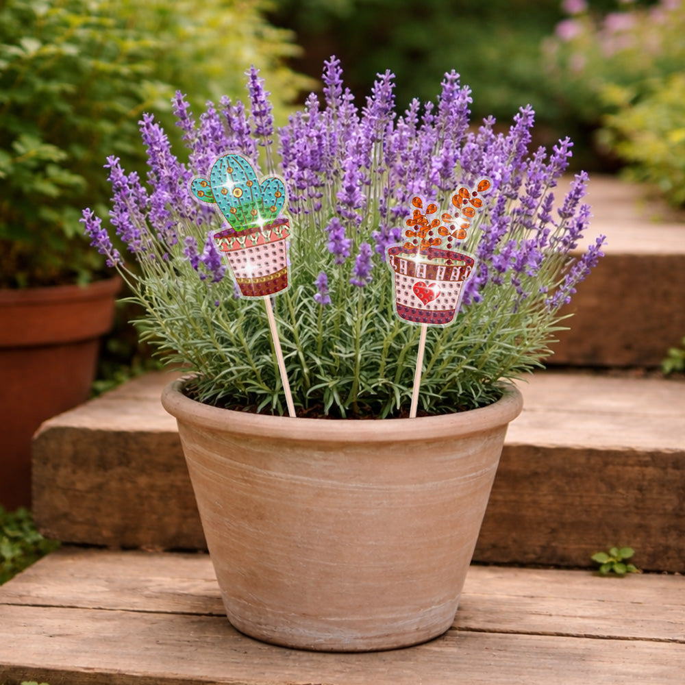 8 Pièces Plantes en Pot Broderie Diamant Piquets de Jardin