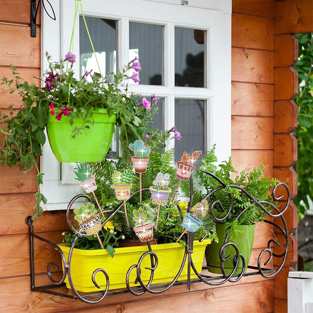 8 Pièces Plantes en Pot Broderie Diamant Piquets de Jardin