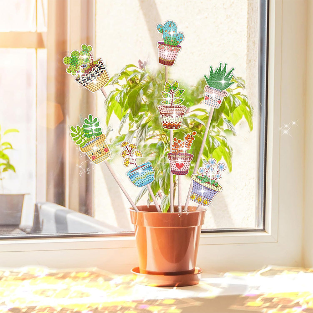 8 Pièces Plantes en Pot Broderie Diamant Piquets de Jardin