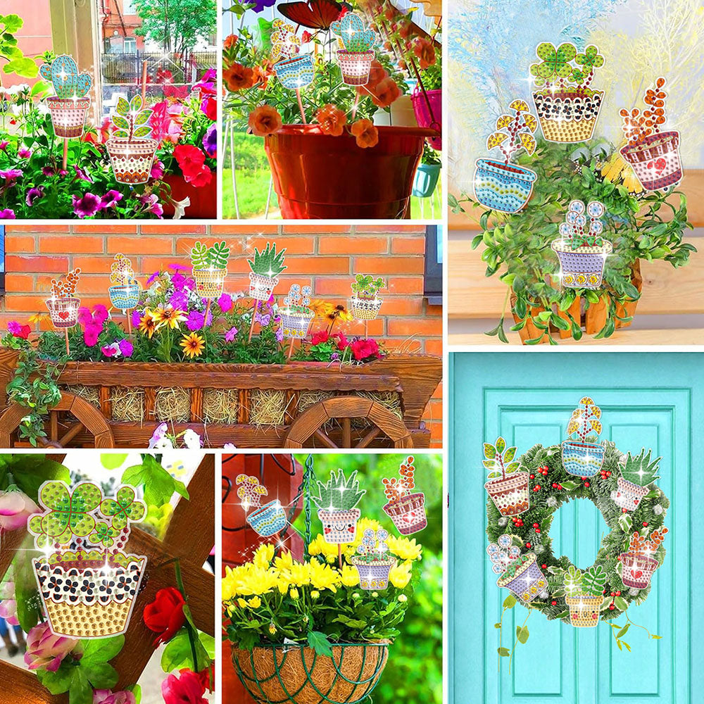 8 Pièces Plantes en Pot Broderie Diamant Piquets de Jardin