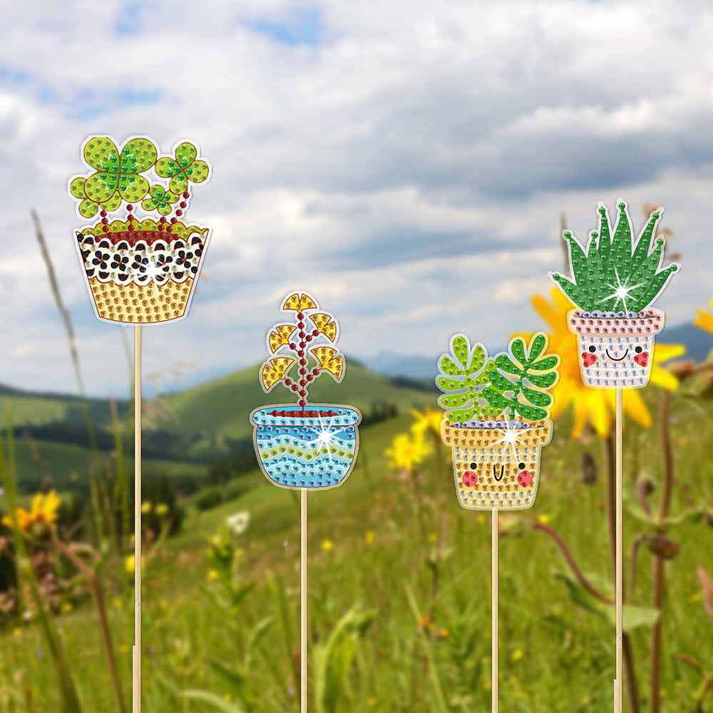 8 Pièces Plantes en Pot Broderie Diamant Piquets de Jardin