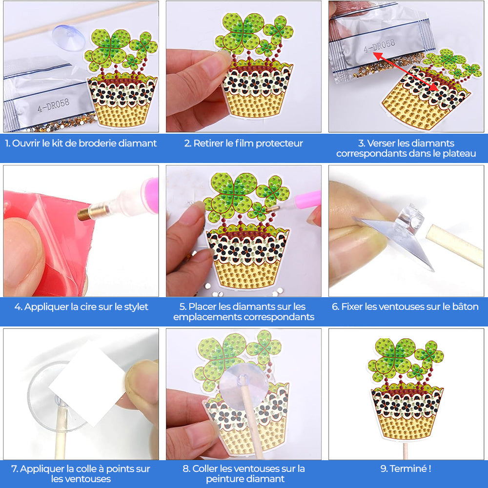 8 Pièces Plantes en Pot Broderie Diamant Piquets de Jardin