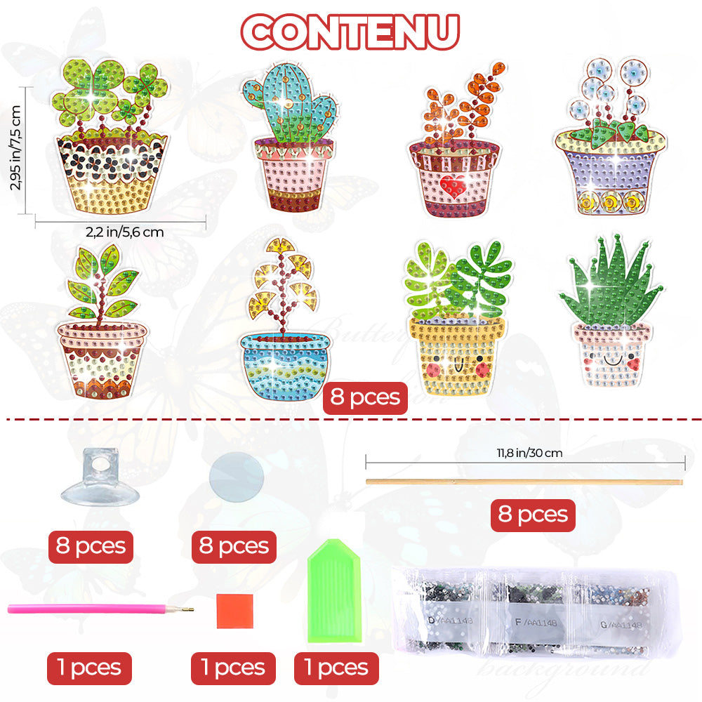 8 Pièces Plantes en Pot Broderie Diamant Piquets de Jardin