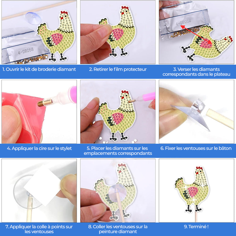 8 Pièces Poule de Ferme Broderie Diamant Piquets de Jardin