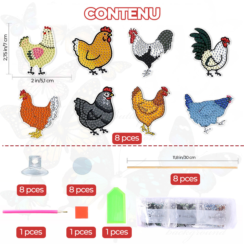 8 Pièces Poule de Ferme Broderie Diamant Piquets de Jardin