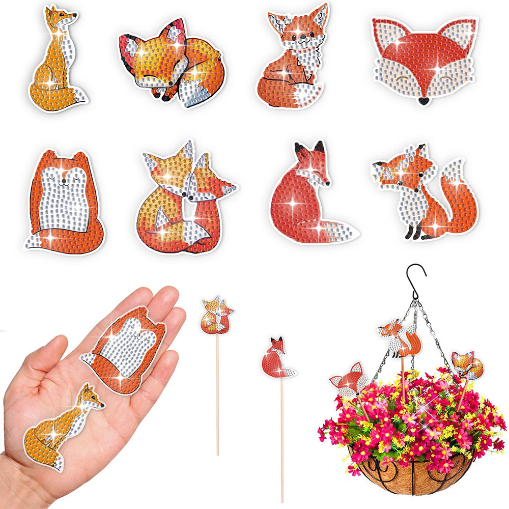 8 Pièces Renards Roux Broderie Diamant Piquets de Jardin