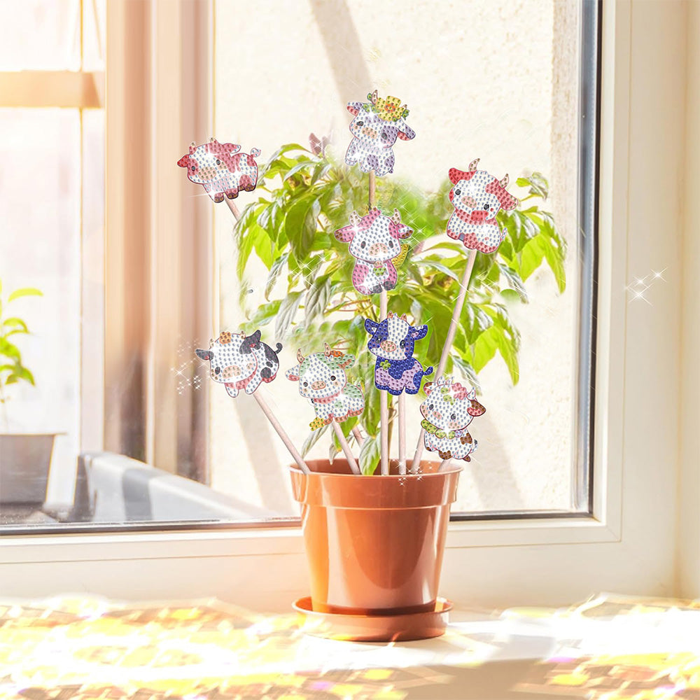 8 Pièces Vaches Mignonnes Broderie Diamant Piquets de Jardin