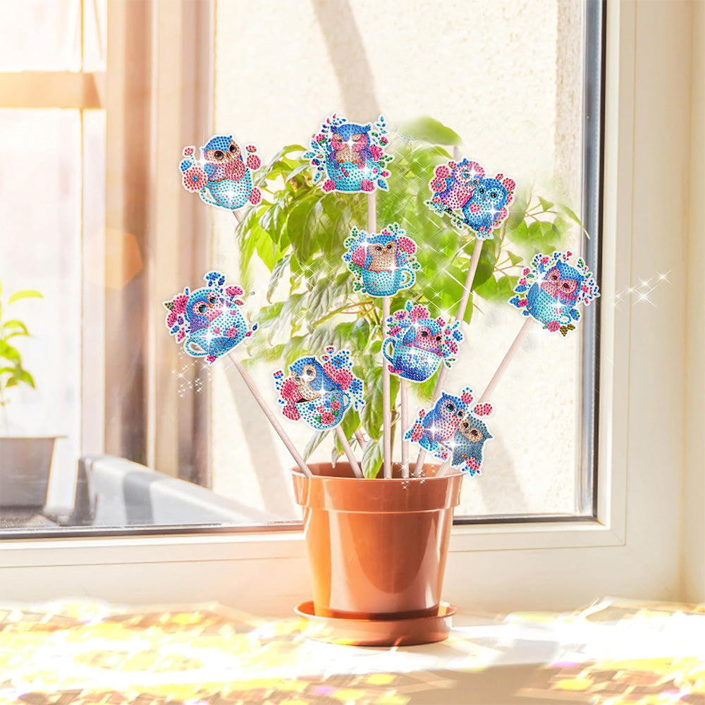 9 Pièces Hiboux Mignons Broderie Diamant Piquets de Jardin