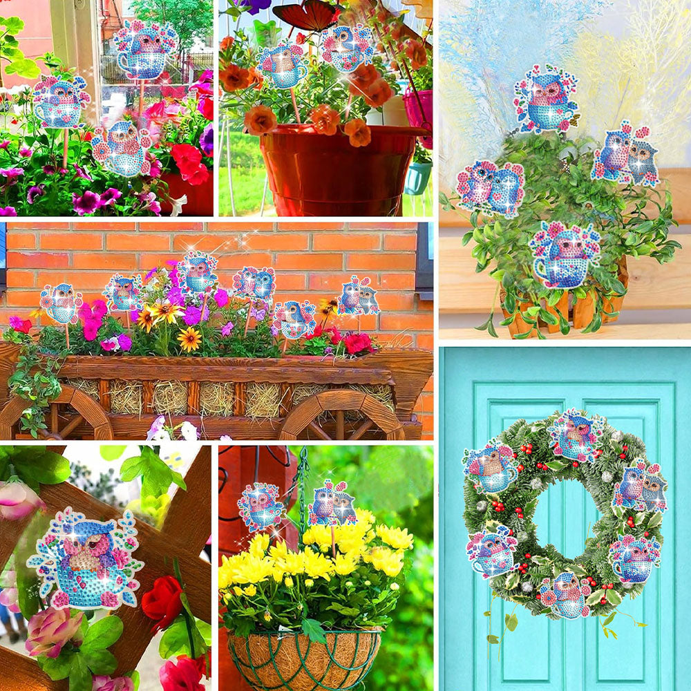 9 Pièces Hiboux Mignons Broderie Diamant Piquets de Jardin