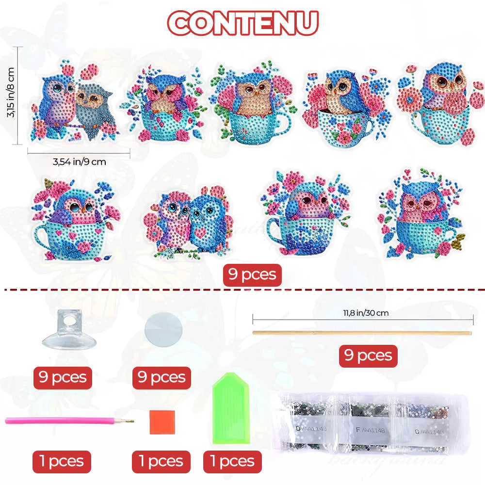 9 Pièces Hiboux Mignons Broderie Diamant Piquets de Jardin
