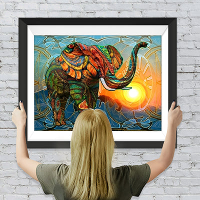 Éléphant Vert et Rouge Abstrait avec le Soleil Broderie Diamant