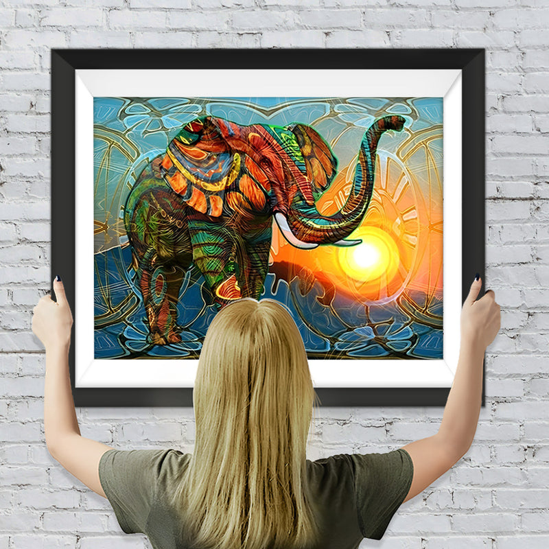Éléphant Vert et Rouge Abstrait avec le Soleil Broderie Diamant