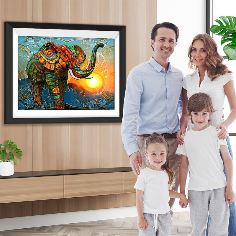 Éléphant Vert et Rouge Abstrait avec le Soleil Broderie Diamant