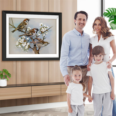 Trois Moineaux sur une Branche Broderie Diamant
