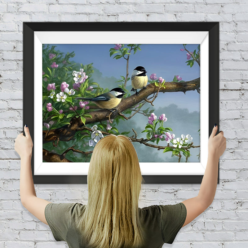 Oiseaux et Fleurs Blanches et Roses Broderie Diamant