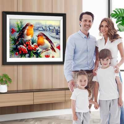 Oiseaux Marrons et Oranges avec des Fruits Rouges Broderie Diamant