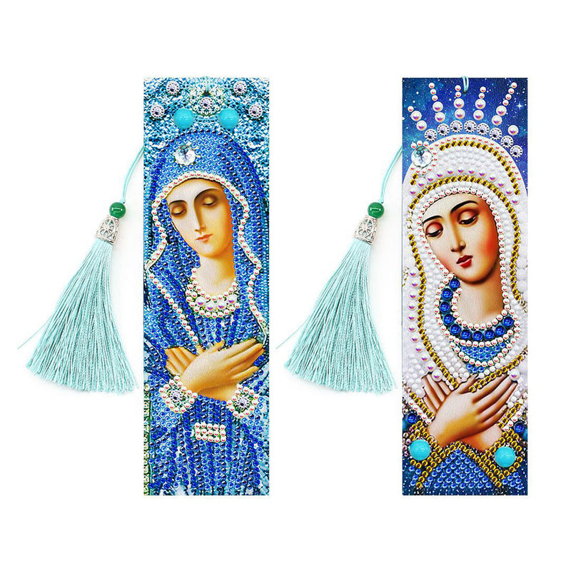 2Pcs de Marque-Pages en Cuir La Vierge Marie Broderie Diamant