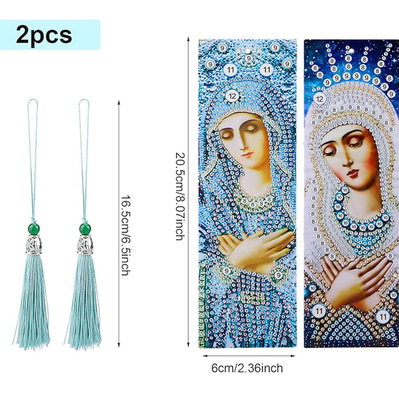 2Pcs de Marque-Pages en Cuir La Vierge Marie Broderie Diamant