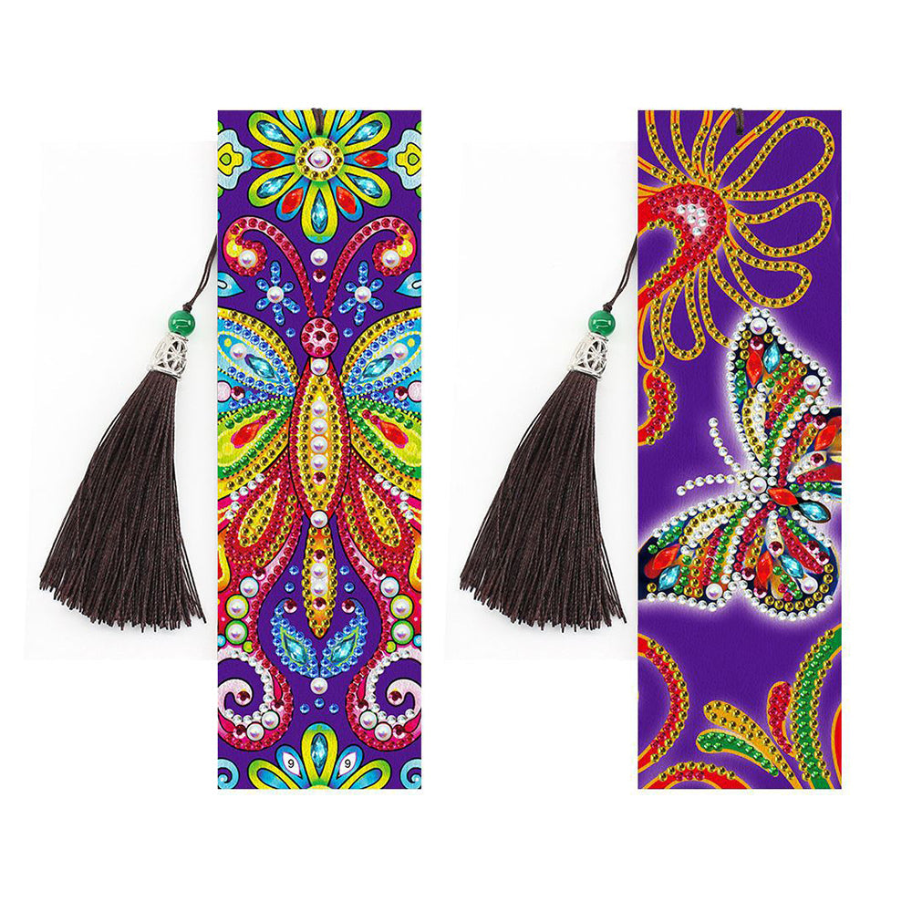 2Pcs de Marque-Pages en Cuir Papillon Coloré Broderie Diamant