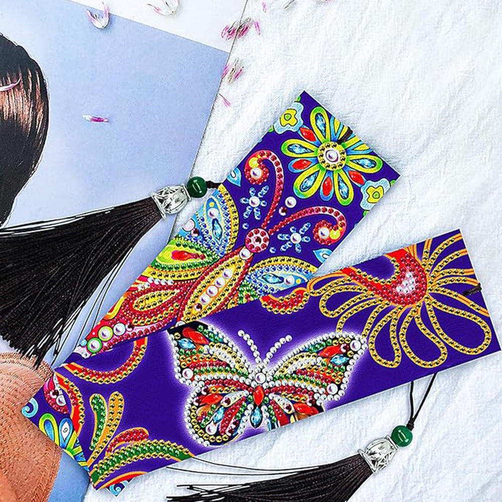 2Pcs de Marque-Pages en Cuir Papillon Coloré Broderie Diamant