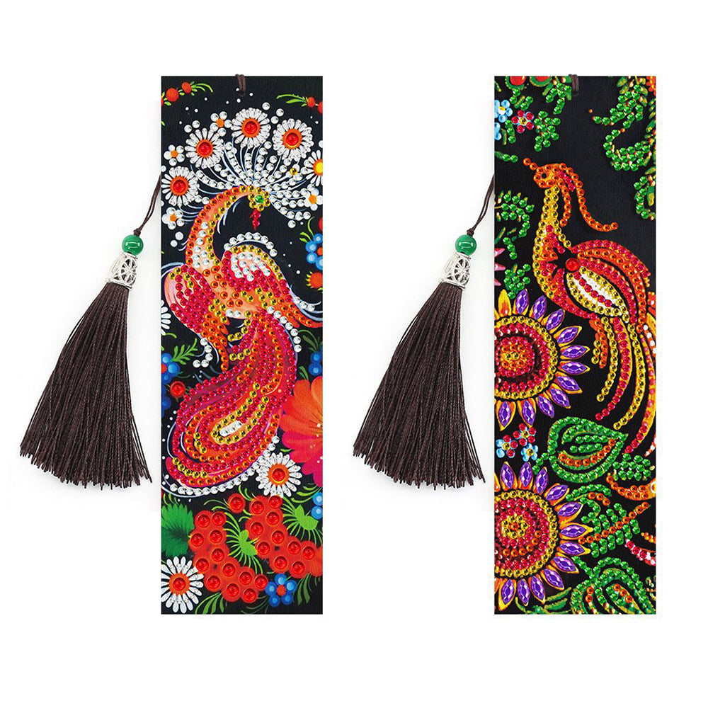 2Pcs de Marque-Pages en Cuir Phénix Rouge Broderie Diamant